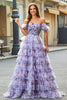 Laden Sie das Bild in den Galerie-Viewer, Wunderschönes schulterfreies langes Lavendel Ballkleid mit Drucken und Rüschen