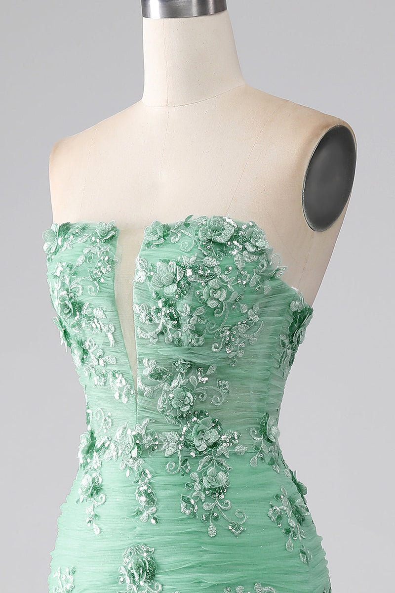Laden Sie das Bild in den Galerie-Viewer, Grünes meerjungfrauen trägerloses Tüll Abendkleid mit Applikationen