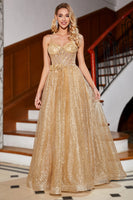 Laden Sie das Bild in den Galerie-Viewer, Goldenes Glitzer korsett Langes Ballkleid mit Blumen