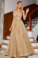 Laden Sie das Bild in den Galerie-Viewer, Goldenes Glitzer korsett Langes Ballkleid mit Blumen