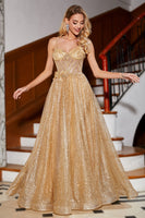Laden Sie das Bild in den Galerie-Viewer, Goldenes Glitzer korsett Langes Ballkleid mit Blumen