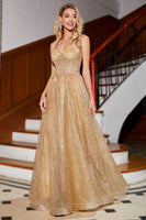 Laden Sie das Bild in den Galerie-Viewer, Goldenes Glitzer korsett Langes Ballkleid mit Blumen