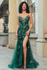 Laden Sie das Bild in den Galerie-Viewer, Meerjungfrauen Spaghettiträger Kleid Dunkelgrünes langes Ballkleid mit Applikationen