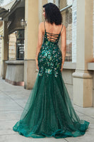 Laden Sie das Bild in den Galerie-Viewer, Meerjungfrauen Spaghettiträger Kleid Dunkelgrünes langes Ballkleid mit Applikationen