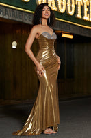 Laden Sie das Bild in den Galerie-Viewer, Glitzerndes goldenes Meerjungfrauen Kleid mit langen Perlen und Schlitz