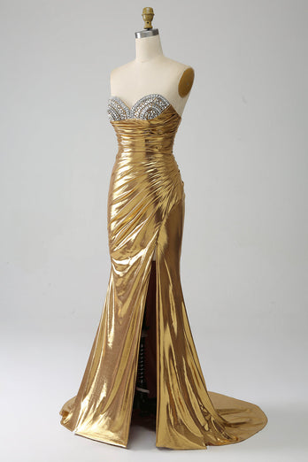 Goldenes trägerloses langes Ballkleid im Meerjungfrau-Stil mit Schlitz
