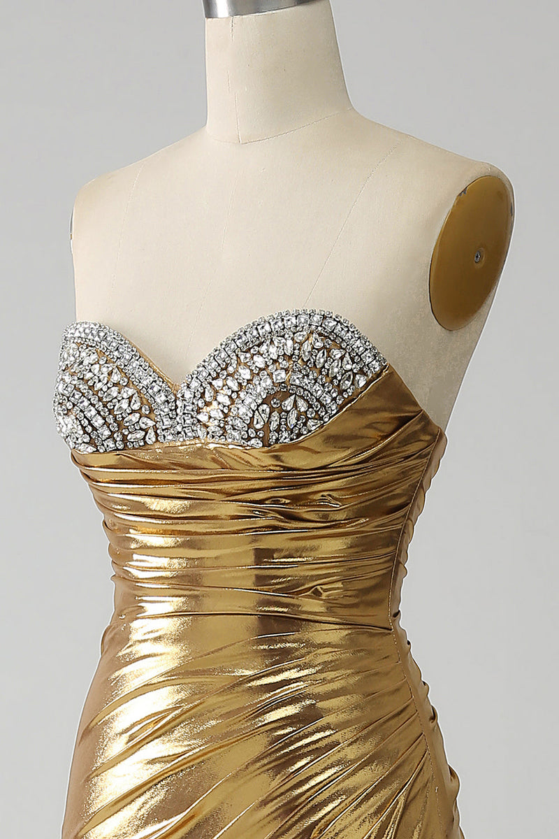 Laden Sie das Bild in den Galerie-Viewer, Goldenes trägerloses langes Ballkleid im Meerjungfrau-Stil mit Schlitz