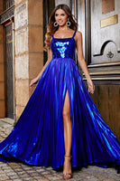 Laden Sie das Bild in den Galerie-Viewer, Glitzerndes königsblaues langes Ballkleid in A-Linie mit Schnürung