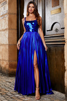 Laden Sie das Bild in den Galerie-Viewer, Glitzerndes königsblaues langes Ballkleid in A-Linie mit Schnürung