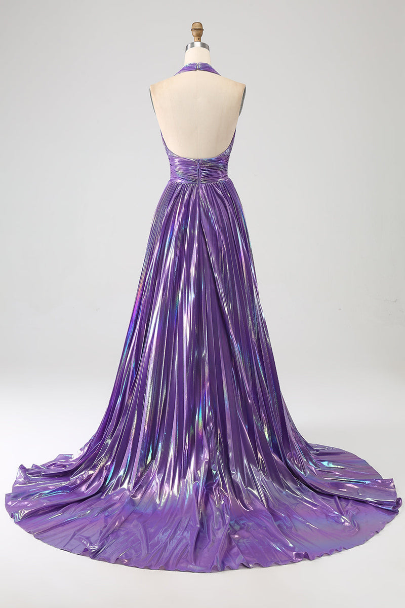Laden Sie das Bild in den Galerie-Viewer, Glitzerndes Langes lila plissiertes Metallic Ballkleid mit Schlitz