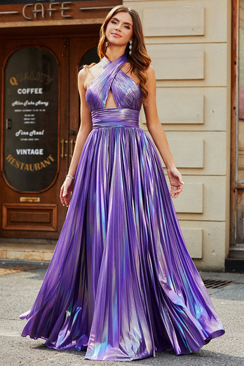 Atemberaubendes lila Neckholder Kleid in A-Linie mit Schlüsselloch und Schlitz
