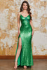 Laden Sie das Bild in den Galerie-Viewer, Glitzerndes Meerjungfrauen Grünes Pailletten Abendkleid mit Schlitz vorne