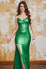 Laden Sie das Bild in den Galerie-Viewer, Glitzerndes Meerjungfrauen Grünes Pailletten Abendkleid mit Schlitz vorne