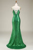 Laden Sie das Bild in den Galerie-Viewer, Glitzerndes Meerjungfrauen Spaghettiträger Kleid mit grünen Pailletten und langem Ballkleid mit Schlitz vorne