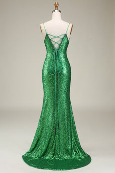 Glitzerndes Meerjungfrauen Spaghettiträger Kleid mit grünen Pailletten und langem Ballkleid mit Schlitz vorne