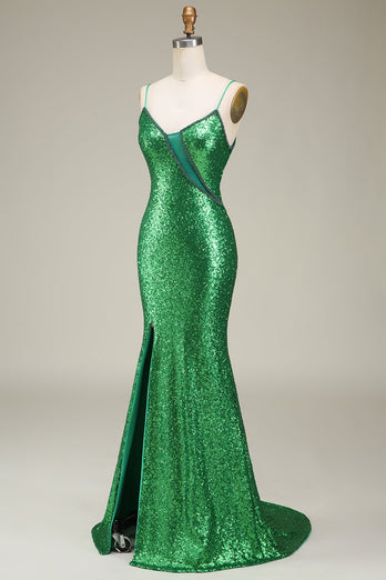 Glitzerndes Meerjungfrauen Spaghettiträger Kleid mit grünen Pailletten und langem Ballkleid mit Schlitz vorne
