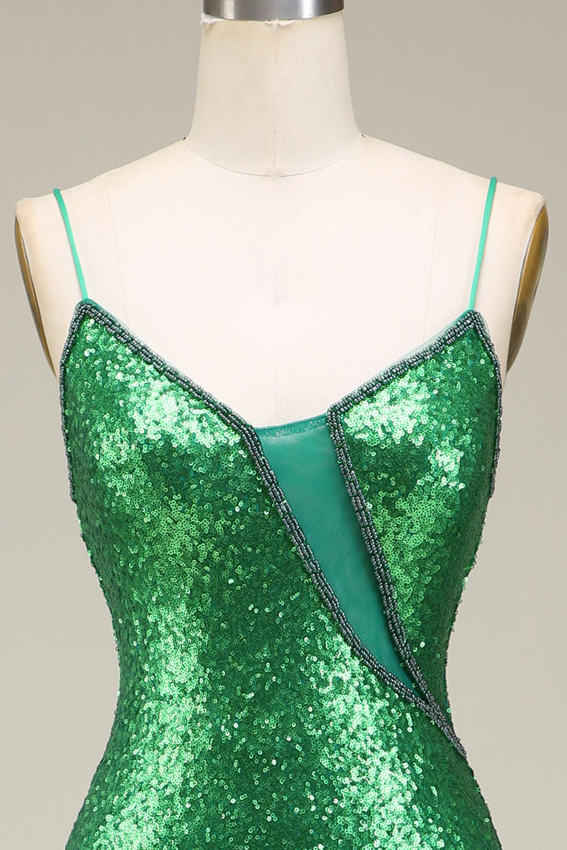 Laden Sie das Bild in den Galerie-Viewer, Glitzerndes Meerjungfrauen Spaghettiträger Kleid mit grünen Pailletten und langem Ballkleid mit Schlitz vorne