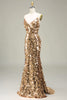 Laden Sie das Bild in den Galerie-Viewer, Glitzerndes goldenes Meerjungfrauen Pailletten Ballkleid mit Schlitz