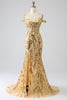 Laden Sie das Bild in den Galerie-Viewer, Glitzernde Meerjungfrau schulterfreies goldenes Korsett Ballkleid mit Schlitz