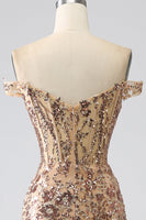 Laden Sie das Bild in den Galerie-Viewer, Glitzernde Meerjungfrau schulterfreies Champagner Korsett Ballkleid mit Schlitz