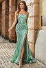 Laden Sie das Bild in den Galerie-Viewer, Trendiges Meerjungfrauen Spaghettiträger Kleid Grünes langes Ballkleid mit Schnürung