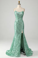 Laden Sie das Bild in den Galerie-Viewer, Glitzerndes Langes grünes Pailletten Kleid mit Schnürrücken Meerjungfrau Ballkleid mit Schlitz