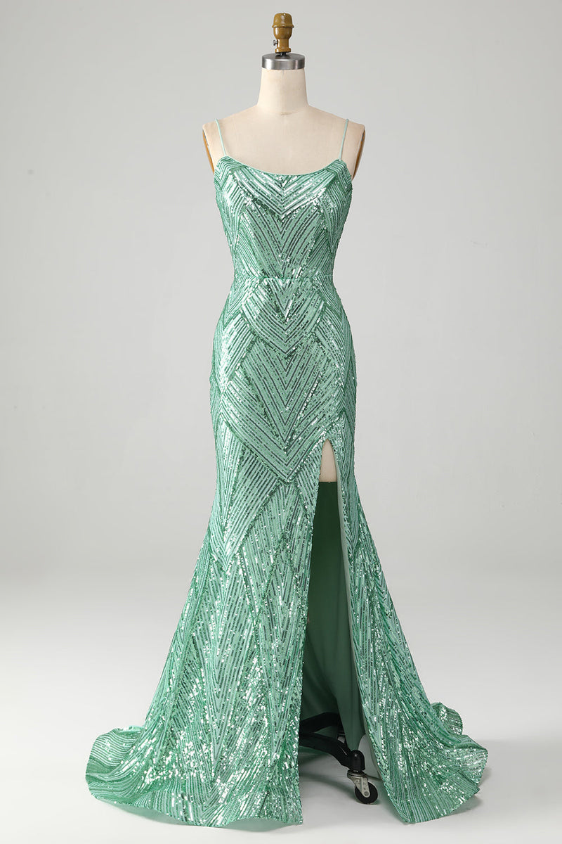 Laden Sie das Bild in den Galerie-Viewer, Glitzerndes Langes grünes Pailletten Kleid mit Schnürrücken Meerjungfrau Ballkleid mit Schlitz