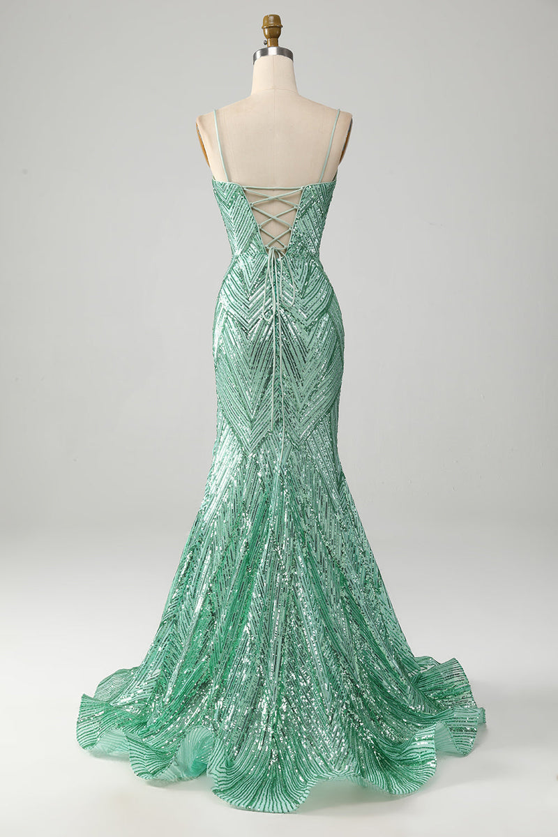 Laden Sie das Bild in den Galerie-Viewer, Glitzerndes Langes grünes Pailletten Kleid mit Schnürrücken Meerjungfrau Ballkleid mit Schlitz