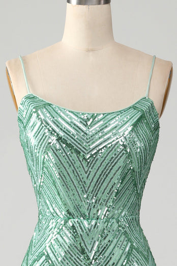 Glitzerndes Langes grünes Pailletten Kleid mit Schnürrücken Meerjungfrau Ballkleid mit Schlitz