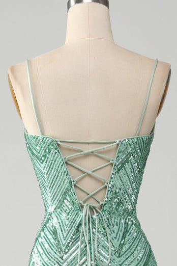 Glitzerndes Langes grünes Pailletten Kleid mit Schnürrücken Meerjungfrau Ballkleid mit Schlitz