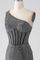 Laden Sie das Bild in den Galerie-Viewer, Glitzerndes schwarzes Meerjungfrauen Korsett Ballkleid mit einer Schulter