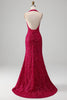 Laden Sie das Bild in den Galerie-Viewer, Fuchsia Meerjungfrau Neckholder Pailletten Ballkleid mit Schlitz