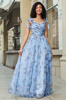 Laden Sie das Bild in den Galerie-Viewer, Blaues A-Linie Ballkleid mit bedruckten verstellbaren Trägern