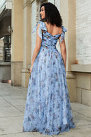 Laden Sie das Bild in den Galerie-Viewer, Blaues A-Linie Ballkleid mit bedruckten verstellbaren Trägern