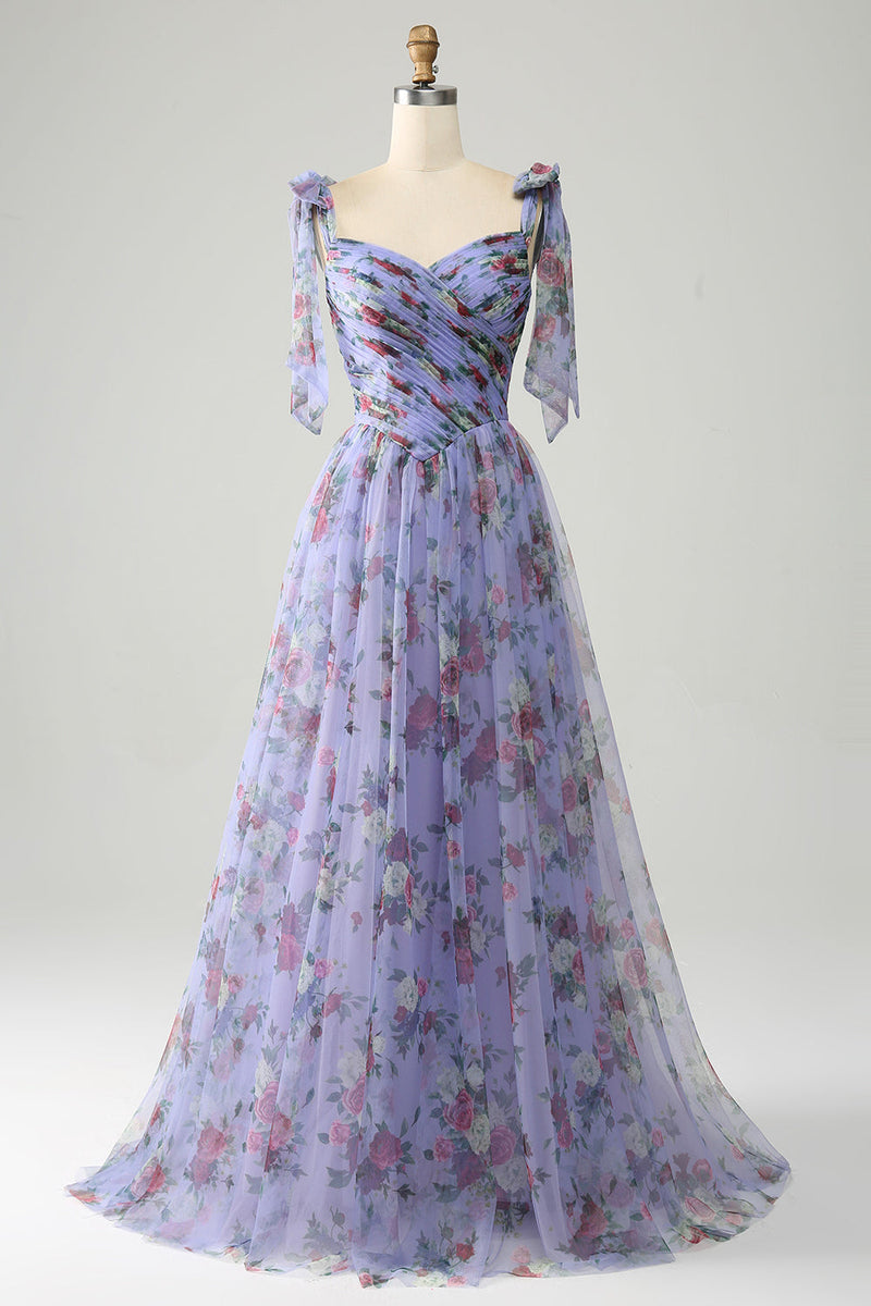 Laden Sie das Bild in den Galerie-Viewer, Langes Abendkleid in A-Linie mit Lavendelmuster und verstellbaren Trägern
