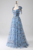 Laden Sie das Bild in den Galerie-Viewer, Langes Abendkleid in A-Linie mit Lavendelmuster und verstellbaren Trägern