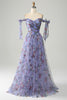 Laden Sie das Bild in den Galerie-Viewer, Lavendel Ballkleid aus Tüll mit Blumendruck und Plissee