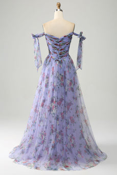 Langes Abendkleid in A-Linie mit Lavendelmuster und verstellbaren Trägern