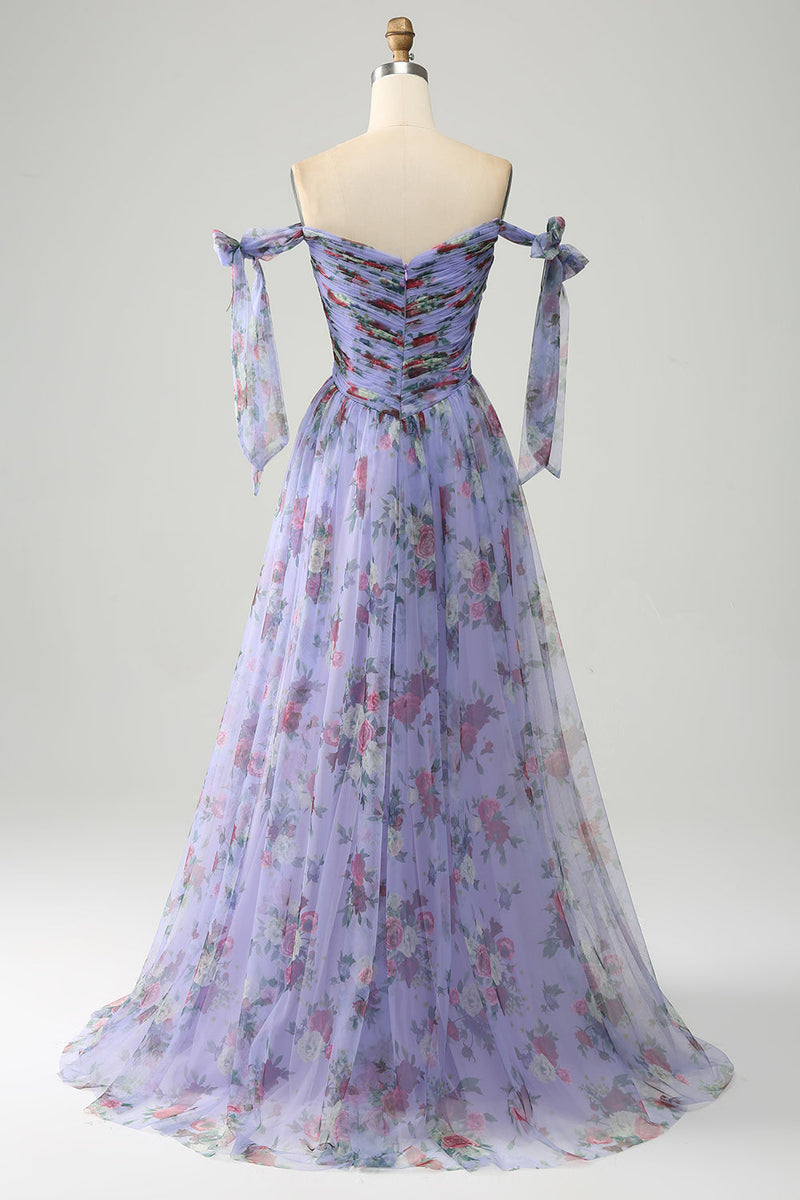 Laden Sie das Bild in den Galerie-Viewer, Langes Abendkleid in A-Linie mit Lavendelmuster und verstellbaren Trägern