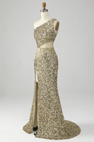 Laden Sie das Bild in den Galerie-Viewer, Goldenes Eine Schulter Fransen Pailletten Ballkleid mit Schlitz