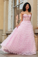 Laden Sie das Bild in den Galerie-Viewer, Rosa trägerloses gestuftes langes Korsett Ballkleid in A-Linie mit Spitze