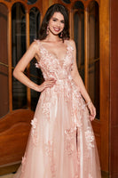 Laden Sie das Bild in den Galerie-Viewer, A-Linie Spaghettiträger Blush Langes Ballkleid mit Applikationen