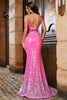 Laden Sie das Bild in den Galerie-Viewer, Fuchsia Glitzer Meerjungfrauen Ballkleid mit perlenbesetzter Taille