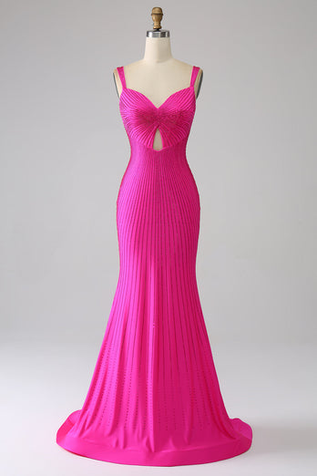 Funkelndes Mermaid Fuchsia Ballkleid mit Aushöhlung