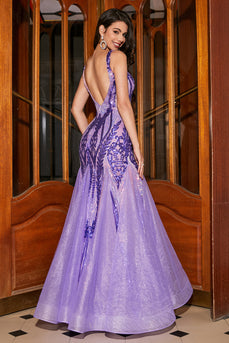Meerjungfrauen V-Ausschnitt lila Pailletten Abendkleid mit offenem Rücken