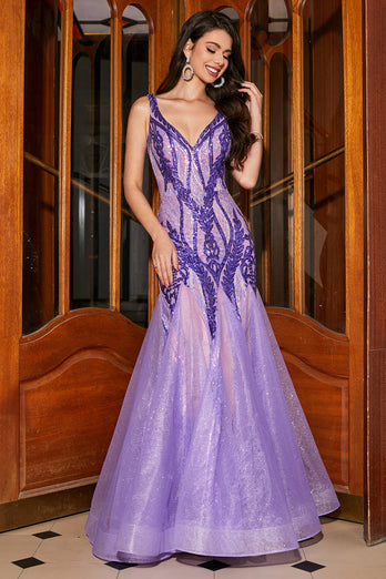 Meerjungfrauen V-Ausschnitt lila Pailletten Abendkleid mit offenem Rücken