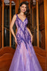 Laden Sie das Bild in den Galerie-Viewer, Meerjungfrauen V-Ausschnitt lila Pailletten Abendkleid mit offenem Rücken