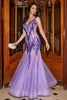 Laden Sie das Bild in den Galerie-Viewer, Meerjungfrauen V-Ausschnitt lila Pailletten Abendkleid mit offenem Rücken
