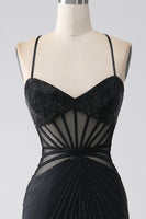 Laden Sie das Bild in den Galerie-Viewer, Meerjungfrau Schwarzes Spaghettiträger langes Ballkleid mit Schlitz