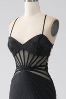 Laden Sie das Bild in den Galerie-Viewer, Meerjungfrau Schwarzes Spaghettiträger langes Ballkleid mit Schlitz